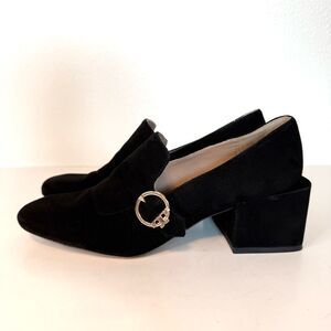 Tory Burch Tess Black Suede Gold Buckle Loafer Size 7.5
